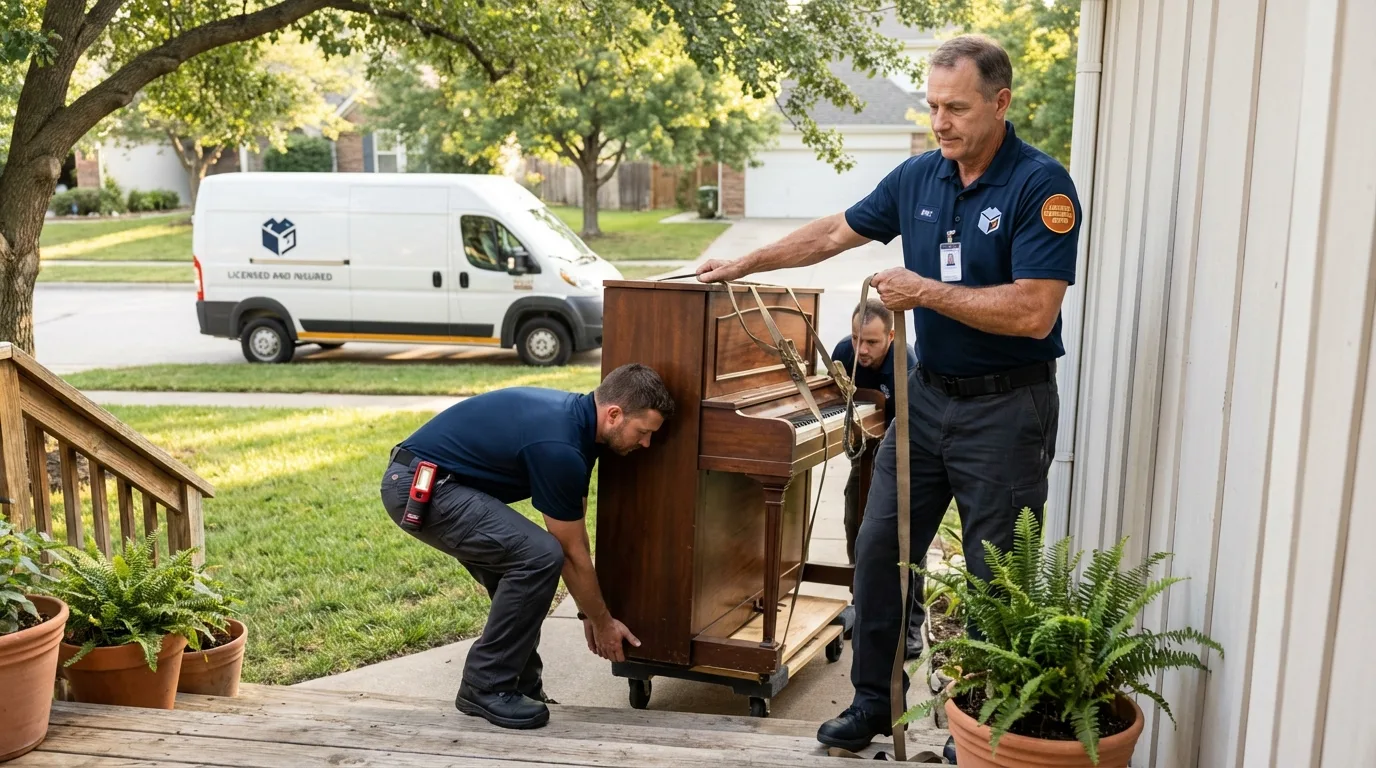 Licensed piano movers securing grand piano in Creedmoor, NC