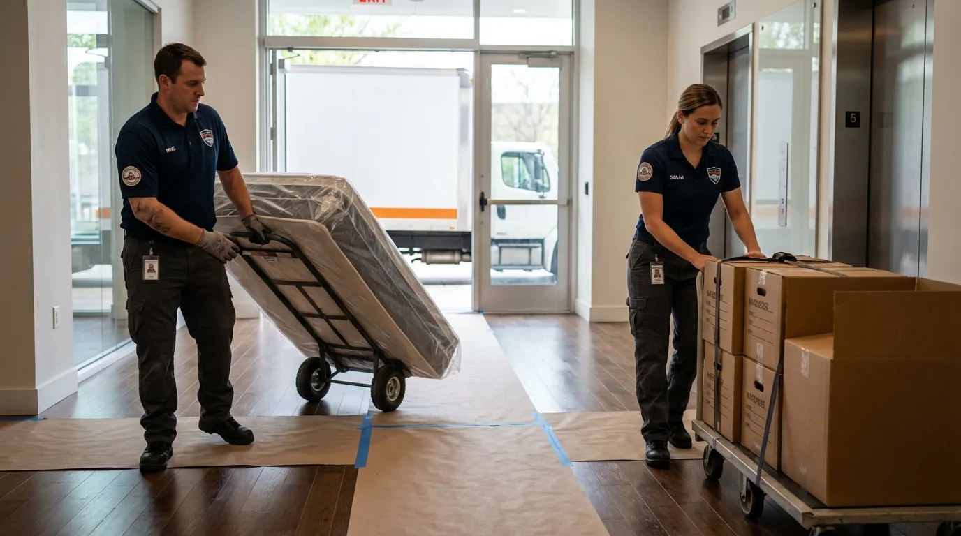 Professional apartment movers loading elevator in Creedmoor, NC